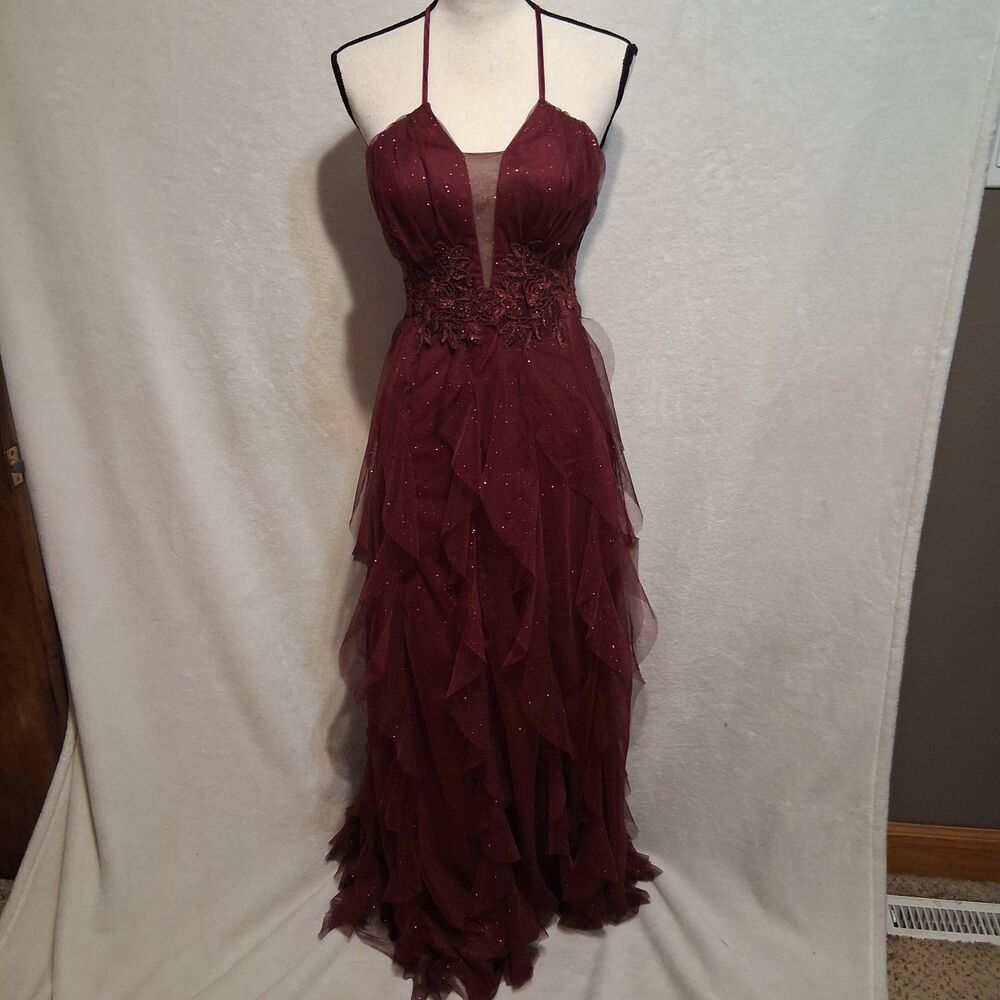 Radiante Couture 7/8  Dress Gown Maxi Burgundy Ruffle Lace Up Back Formal HOCO